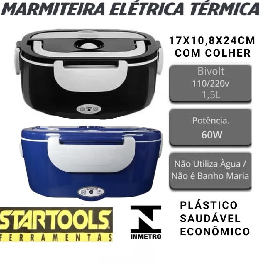 Marmiteira elétrica térmica 1,5L 60W bivolt com colher, preto e azul, marcas STARTOOLS e INMETRO.