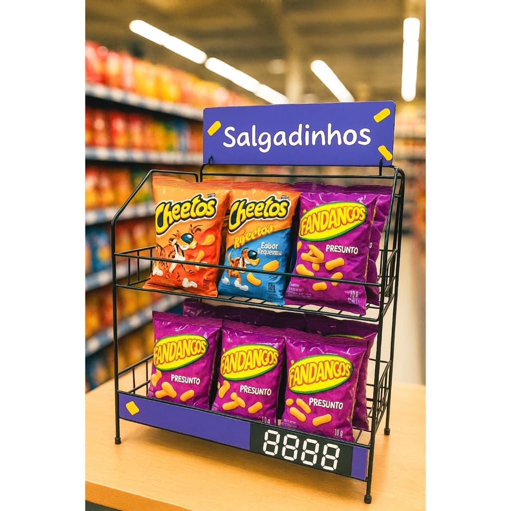 Prateleira de exposição para salgadinhos em loja de conveniência