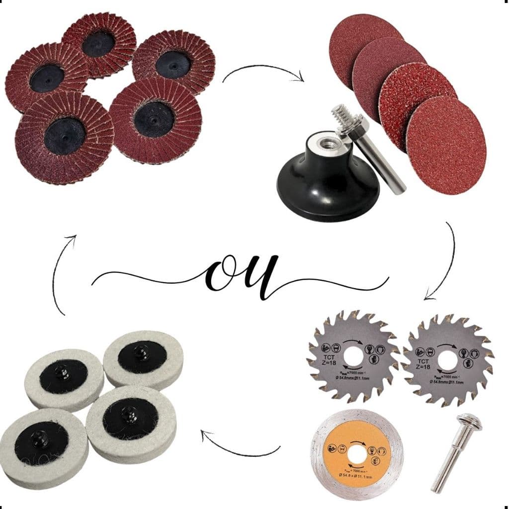 Kit de discos de corte e lixas para serras circulares com diferentes tamanhos e grãos