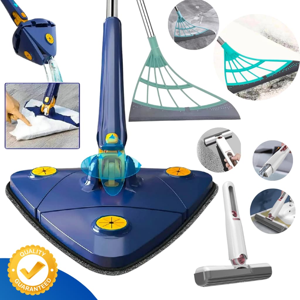 Esfregão Mop Giratório Limpeza Chão Vidros Teto + Rodo Silicone Vassoura Mágica + Mini MOP Rodinho