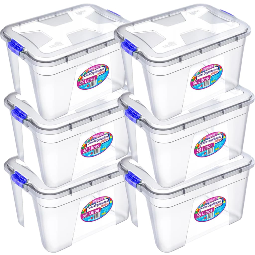 Kit de caixas organizadoras transparentes 56 litros com tampas e travas azuis