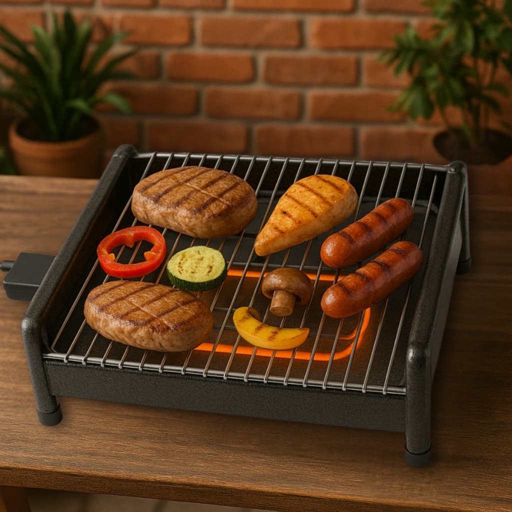 Churrasqueira elétrica portátil preta com bandeja coletora grelhando carnes e vegetais