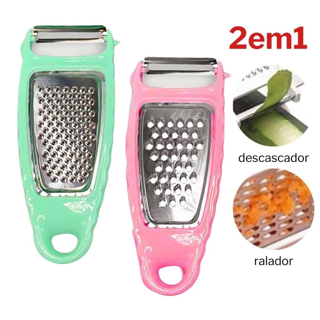 Raladores e descascadores de aço inoxidável com quatro faces, um verde e outro rosa, para cozinha.