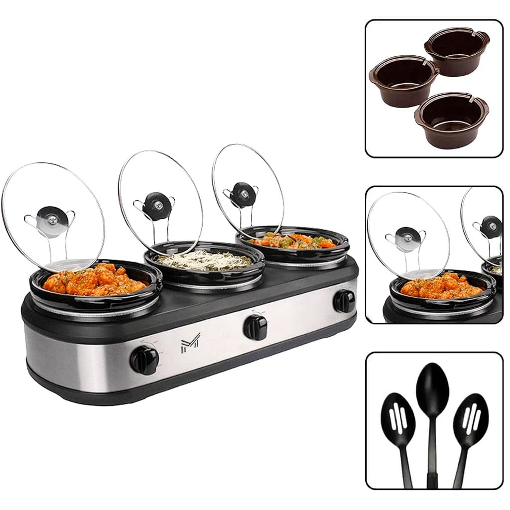 Triplo buffet elétrico 2,4L aço inoxidável com tampas transparentes e colheres pretas