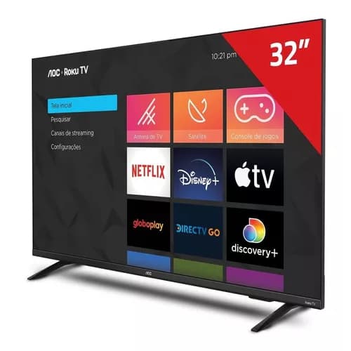 Smart TV AOC 32 polegadas HD Roku TV com interface de menu mostrando aplicativos populares