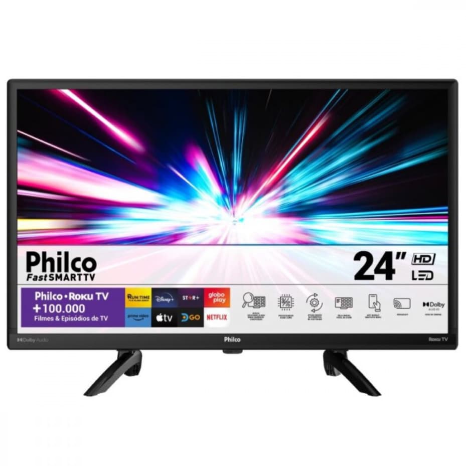 Smart TV 24' Philco HD LED Roku TV Dolby Áudio - PTV24G5YR2CP com tela de luzes coloridas