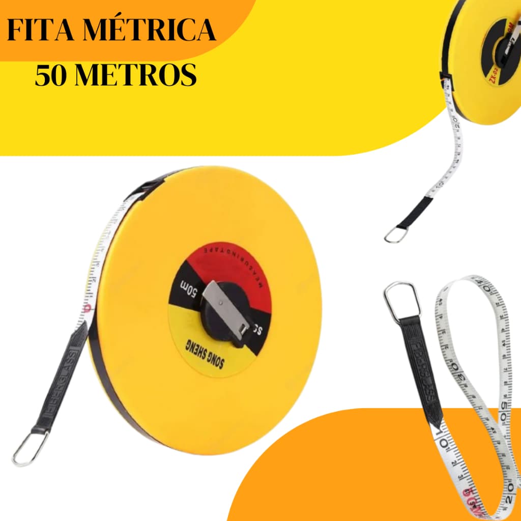 Trena longa de fibra de vidro com manivela de 50 metros, amarela, mostrando detalhes e ângulos variados.