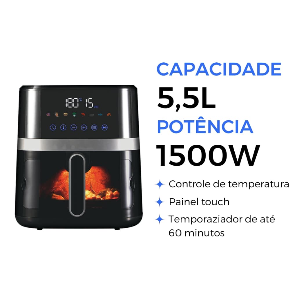 Fritadeira Elétrica Gaabor 5,5L 1500W com Visor Transparente e Painel Digital