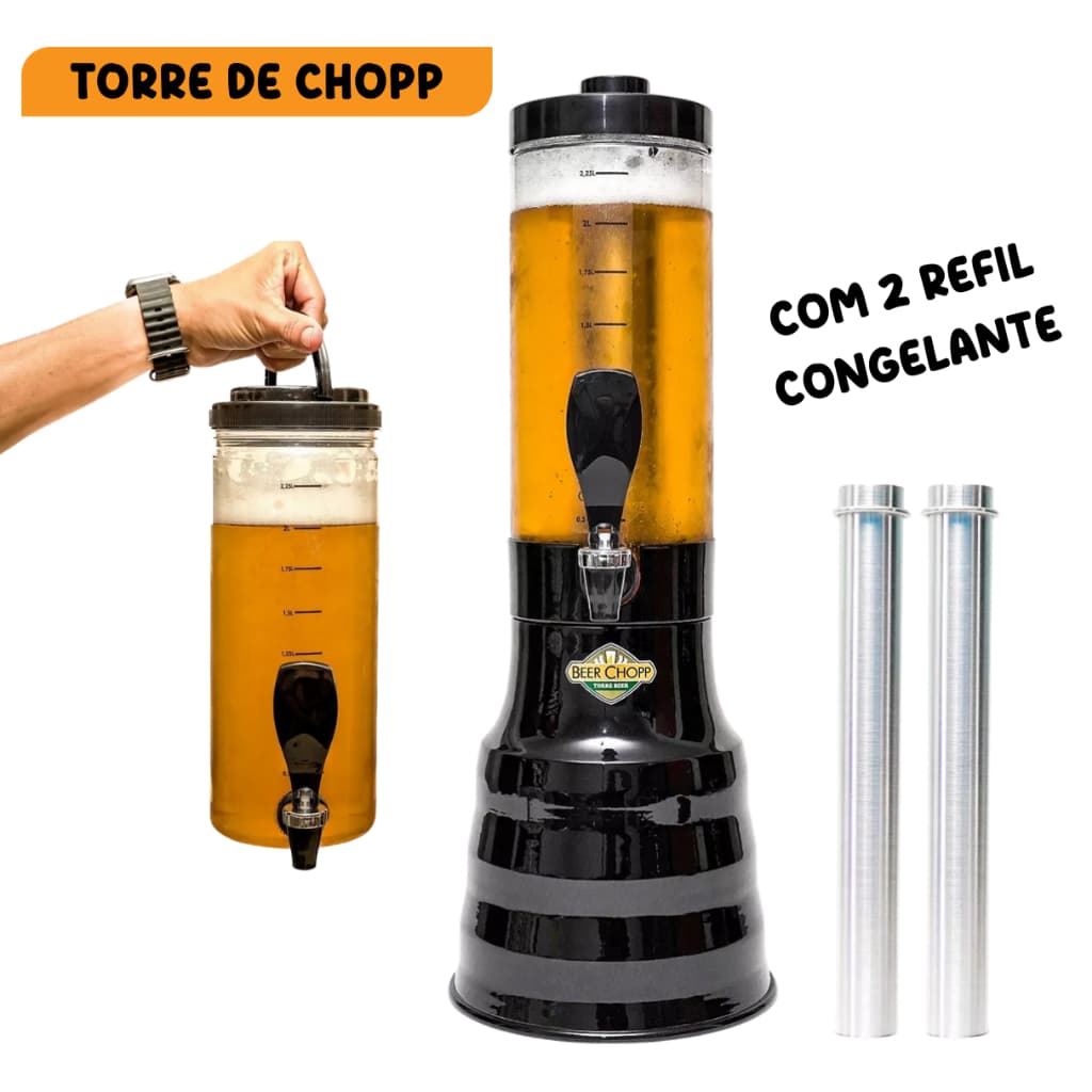 Torre Chopp 2 Litros C/ 2 Refil Copo Giratório Preta Beer Chopp Geladíssimo Ideal Restaurante E Pubs