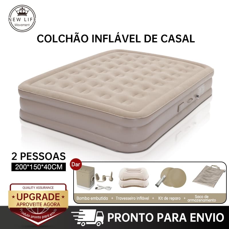 Colchão inflável queen casal bege com acessórios inclusos