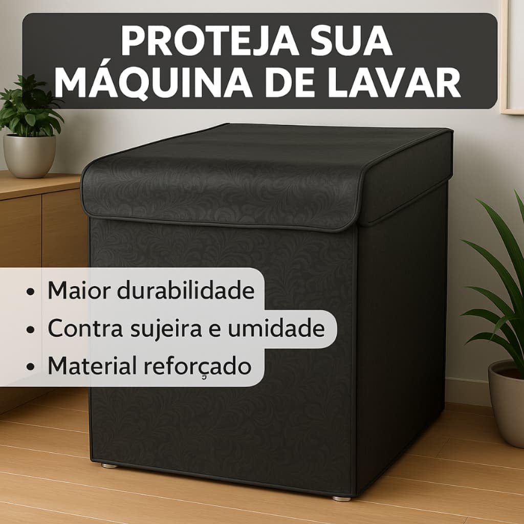 Capa preta para máquina de lavar roupas com etiqueta de durabilidade e proteção