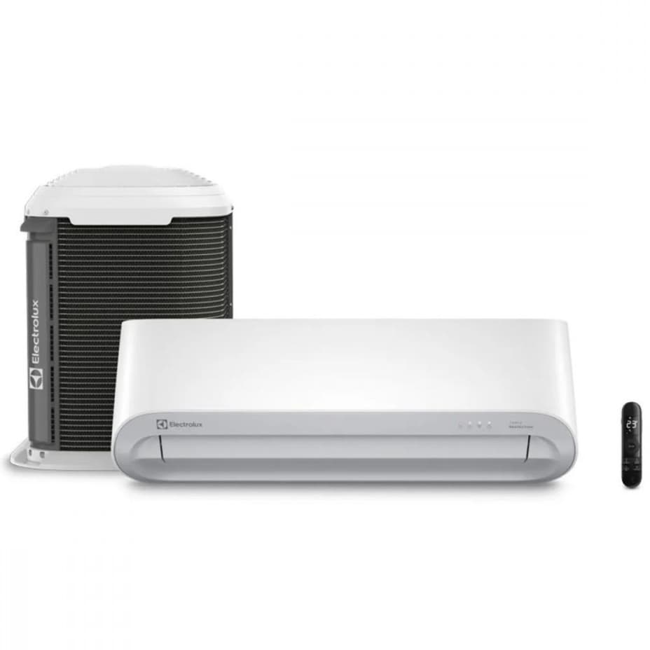 Ar-condicionado Electrolux Inverter 18.000 BTUs Color Adapt Frio JI18F/JE18F, unidade interna branca e externa com grade preta, controle remoto preto.