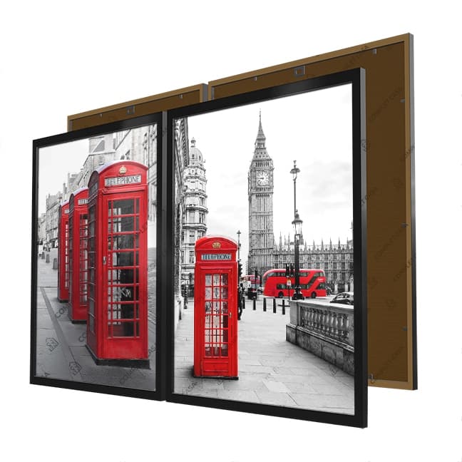 Quadro decorativo preto e vermelho com cabines telefônicas e Big Ben