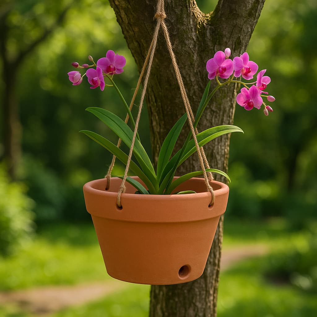Orquídea japonesa em vaso de cerâmica marrom pendurado em árvore
