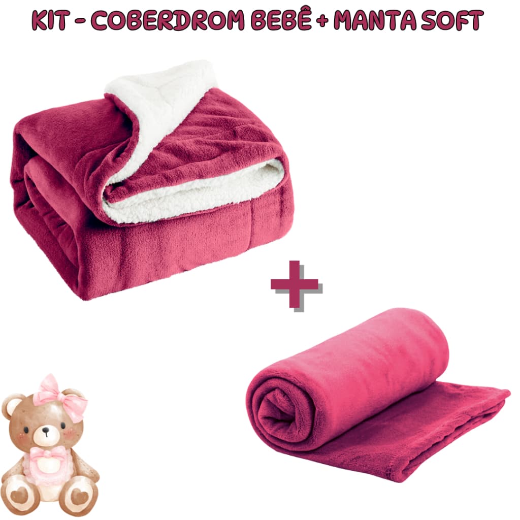 Kit 2 itens berço para bebê - Cobertor sherpa bebe dupla face sherpa + Cobertor soft bebe - 80x90cm