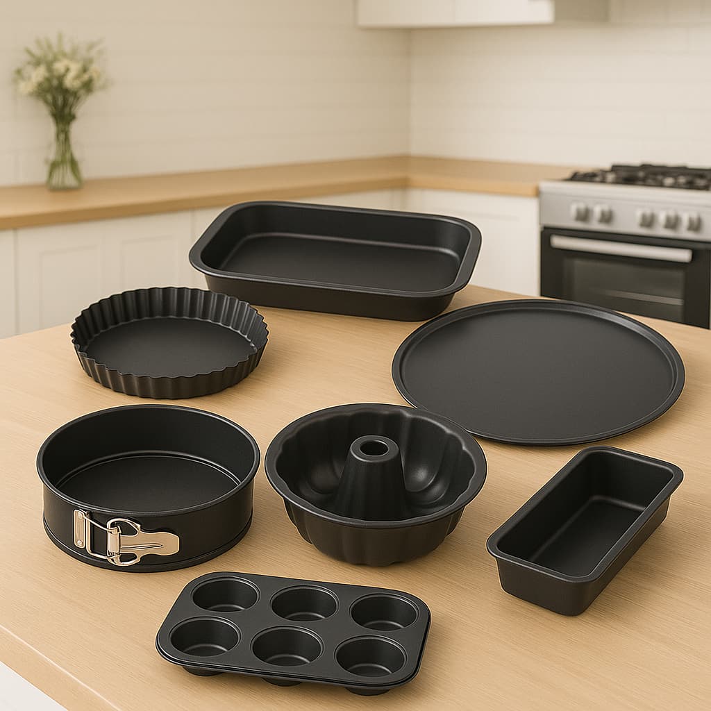 Conjunto de sete formas de assar pretas com fundo removível em bancada de cozinha