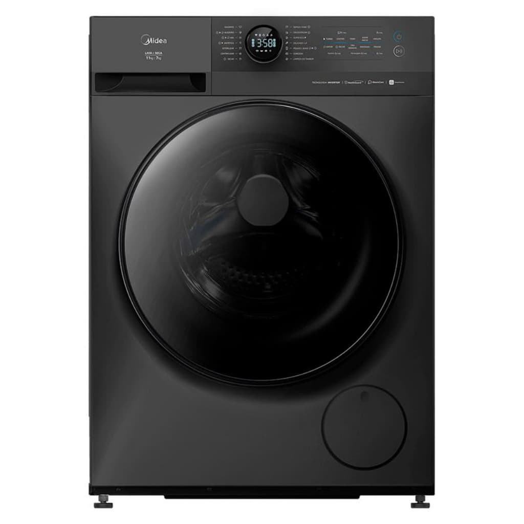 Máquina de lavar e secar roupas Midea 11kg Titanium Slim HealthGuard - MF201D110WB/GK, preta, vista frontal