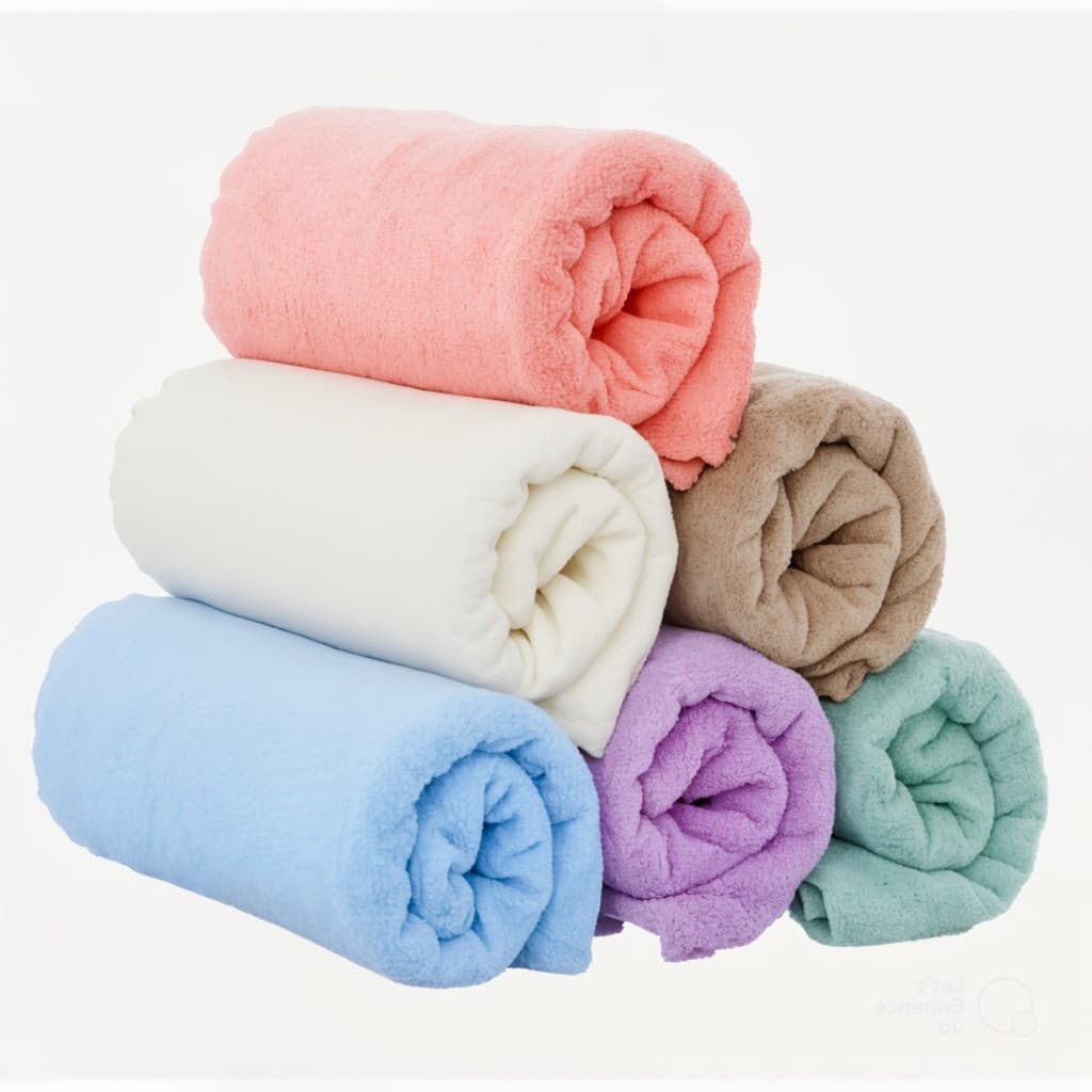 Kit de 2 mantas infantis de microfibra antialérgica em cores variadas, rosa, branco, marrom, azul, lilás e verde, dobradas em rolo