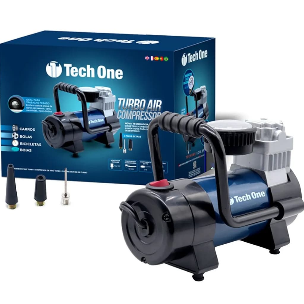 Mini Compressor Elétrico Portátil Tech One Turbo Air com Caixa e Acessórios