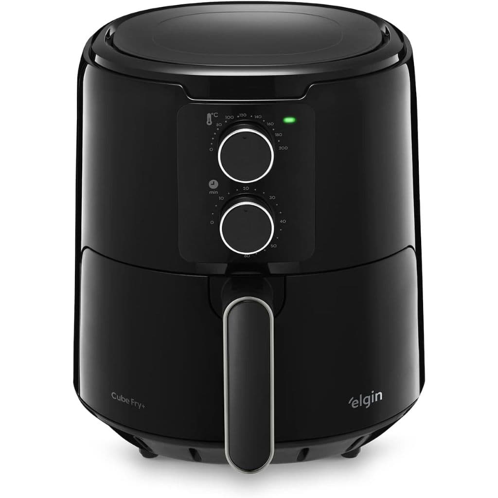 Fritadeira Air Fryer Elgin CUBE 4,2 Litros 1600W 110V, preta, frontal, contra fundo branco