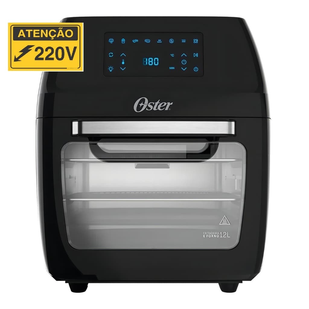Fritadeira e forno Oster OFRT780 3 em 1, 12L, 220V, preto, com painel digital, botão de controle e porta de vidro.