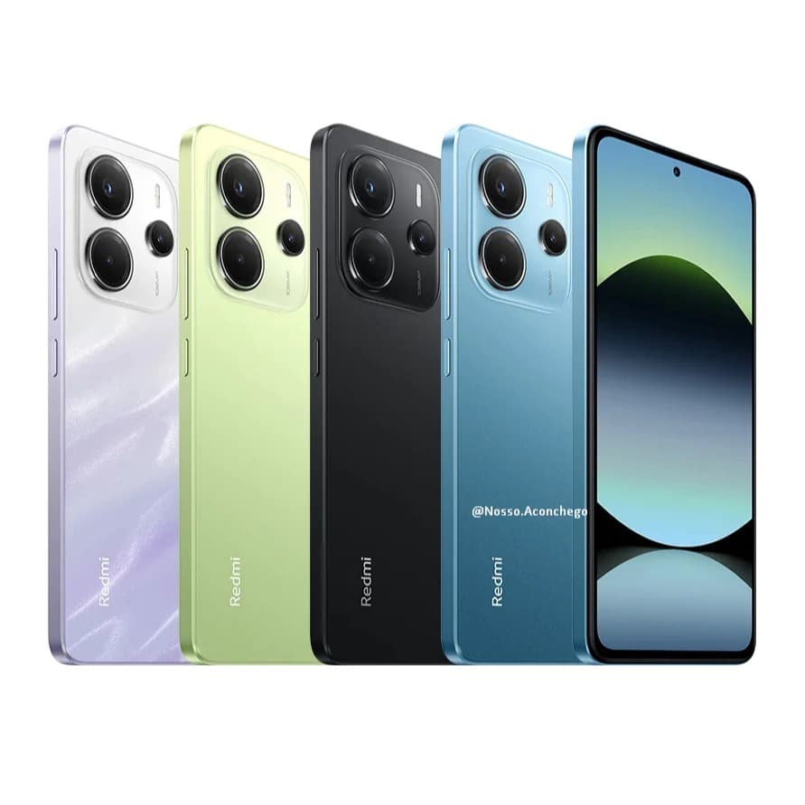 Smartphone Xiaomi Redmi Note 14 4G em quatro cores: branco, verde, preto e azul