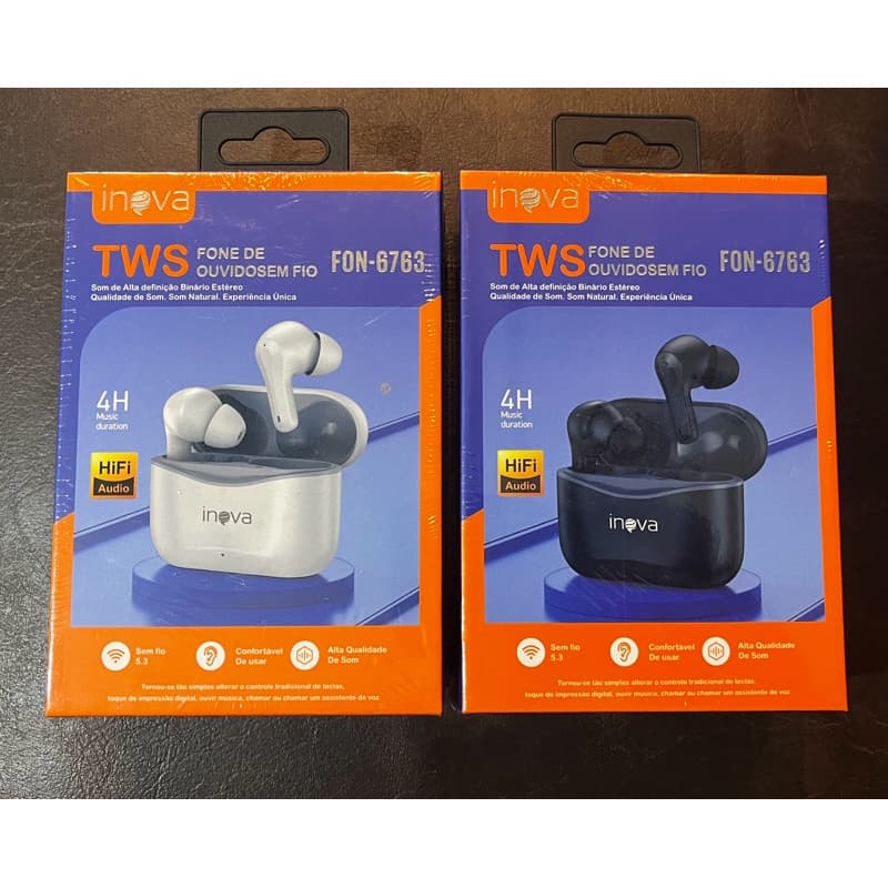Embalagens de fone de ouvido Bluetooth Inova FON-6763 TWS, preto e prata, com informações sobre duração da bateria e áudio HiFi.