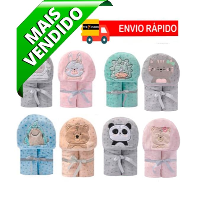 Mantas de bebê com capuz bordadas em várias cores e estampas de animais