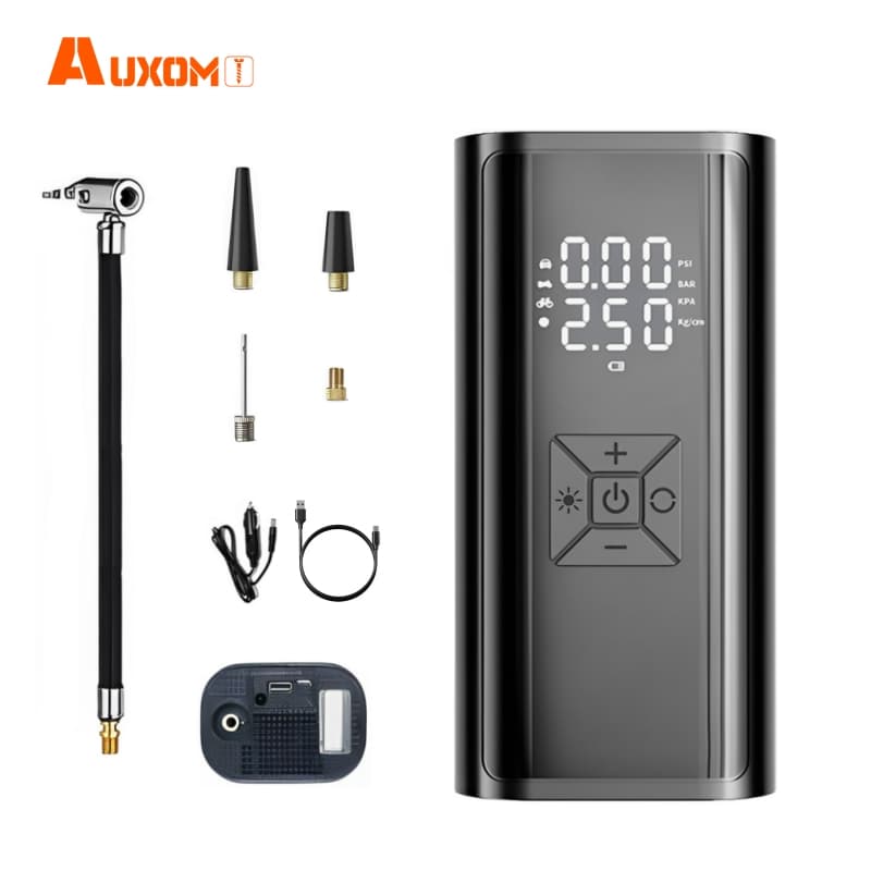 Mini compressor portátil AUXOM 3 em 1 com acessórios e tela digital