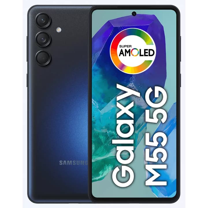 Smartphone Samsung Galaxy M55 5G com tela AMOLED Super, câmera tripla na parte traseira, exibição frontal, efeito de cristal multicolorido.