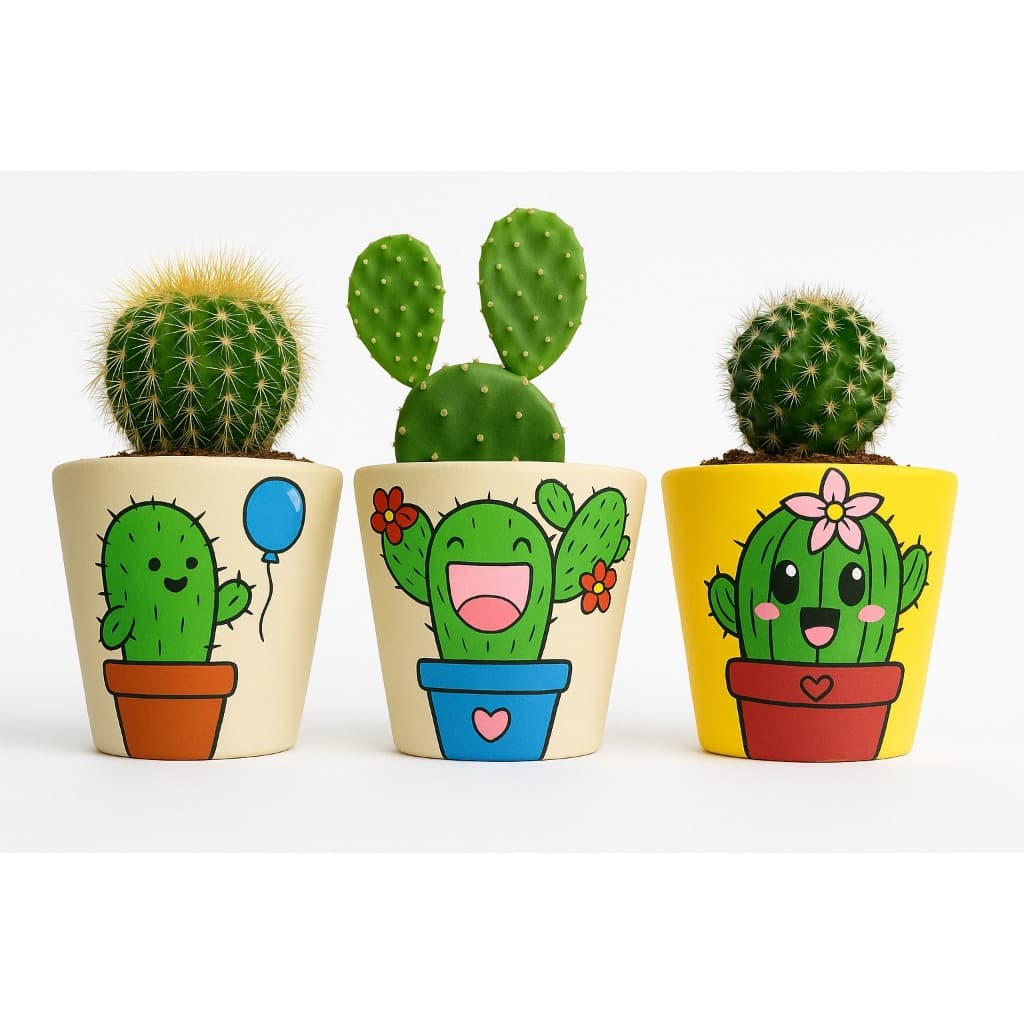 Trio de vasos de barro pintados à mão com estilo artesanal e exclusivo para suculentas