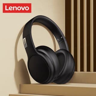 Fones de ouvido Bluetooth Lenovo pretos, modelo TH30, dobráveis, com fundo de escada e listras.