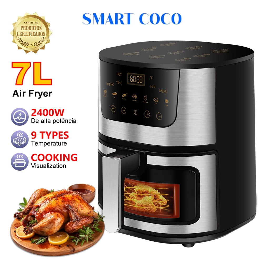 Fritadeira elétrica 7L Air Fryer com display digital e frango assado ao lado