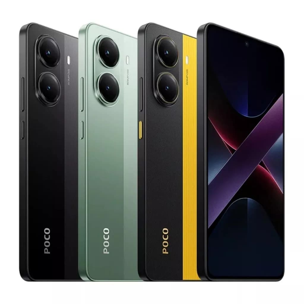 Xiaomi Poco X7 Pro 5G NFC em quatro cores: preto, verde, preto e amarelo, e preto