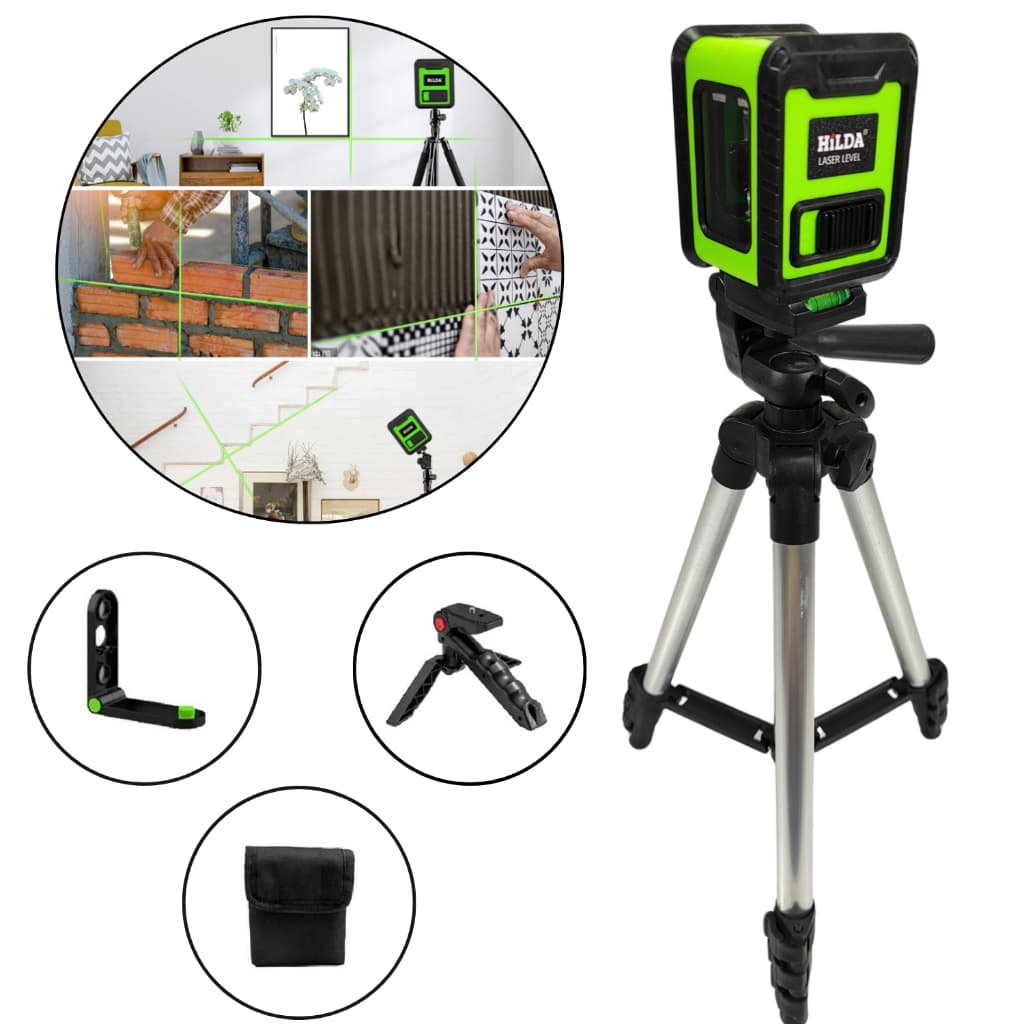 Nível laser verde 2 linhas com tripé de alumínio HILDA, esquadro de suporte e acessórios