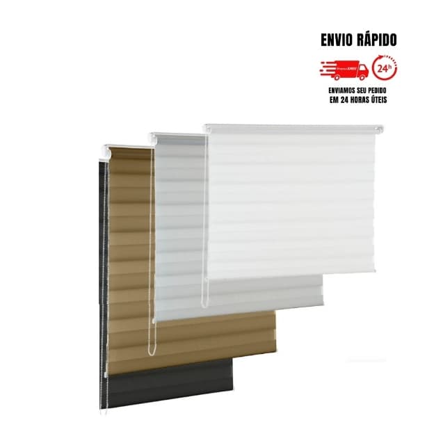 Persianas rolô zebra em marrom, branco e preto, dispostas verticalmente em fundo branco.