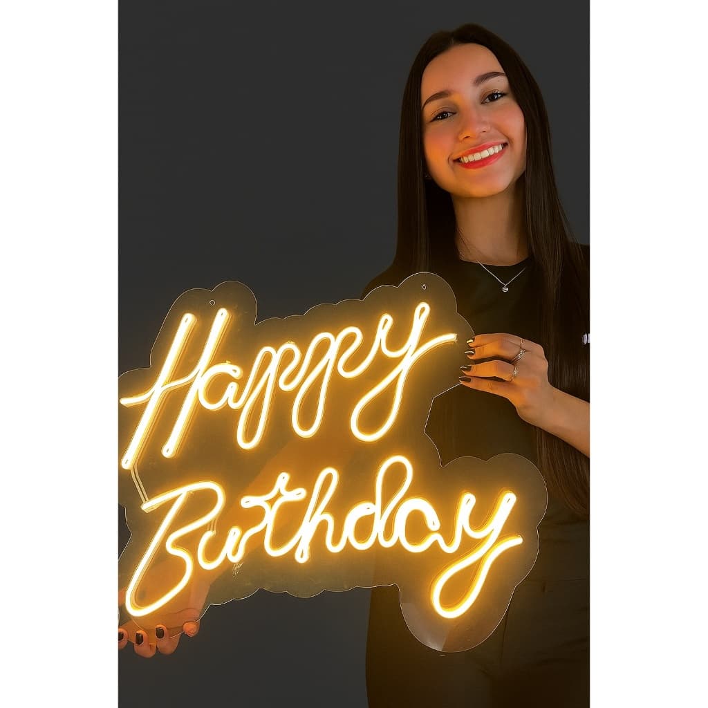 Placa Neon Led Happy Birthday Painel Led Neon Branco Quente