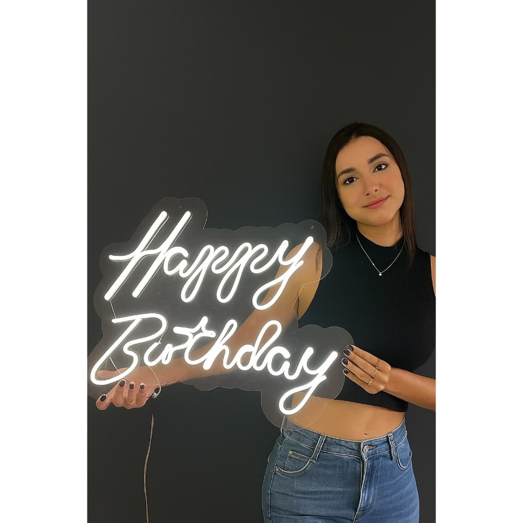 Placa Neon Led Happy Birthday Painel Led Neon Branco Frio