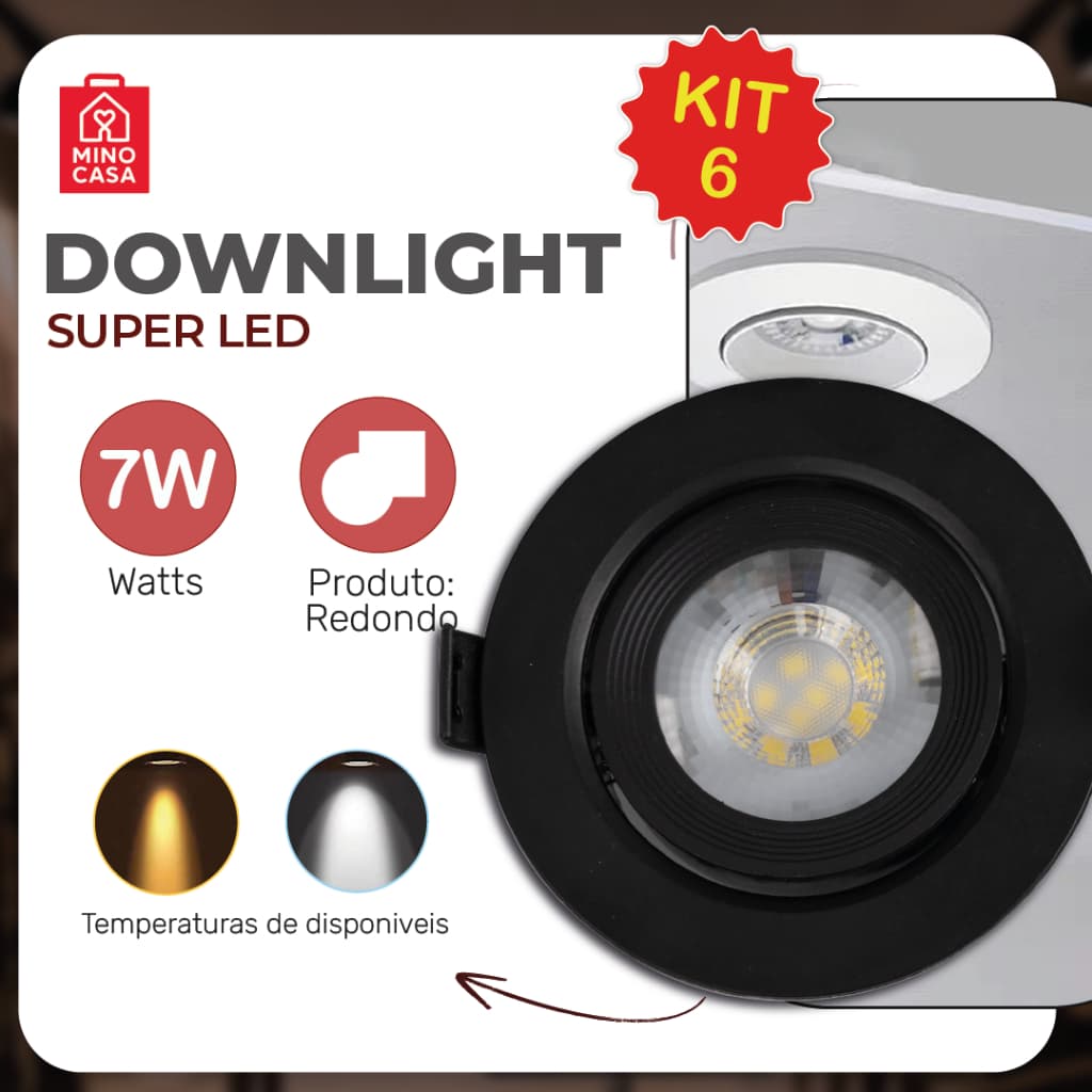 Kit 6 Luminária Spot LED Redondo 7W Preto Direcionável Gesso Teto Bivolt Luz Fria Quente