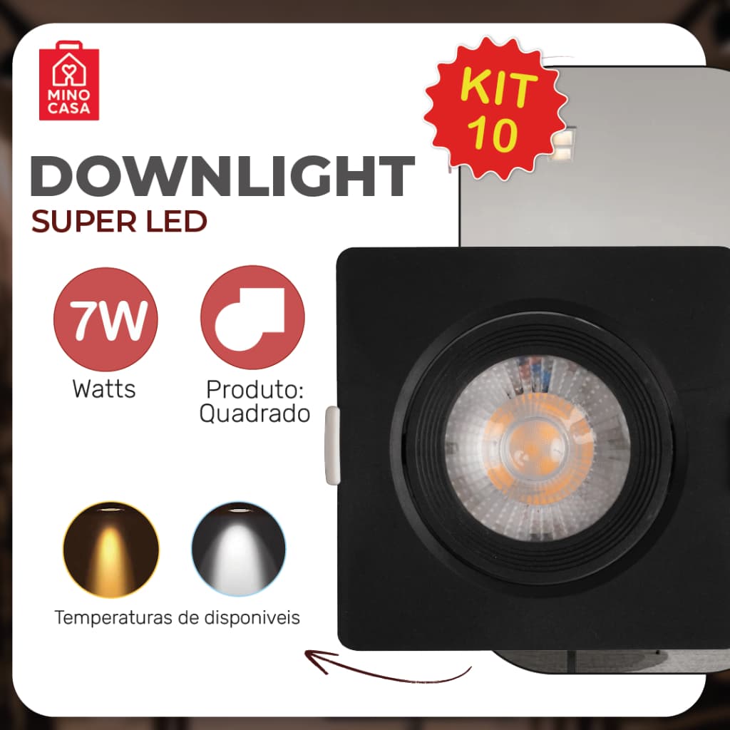 Kit 10 luminárias spot LED quadrado 7W preto para embutir em teto de gesso com luz fria e quente