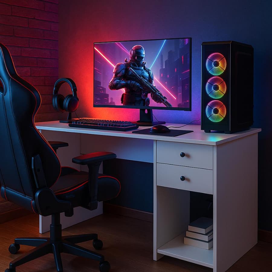 Escrivaninha gamer branca com monitor e periféricos, fundo colorido com LED