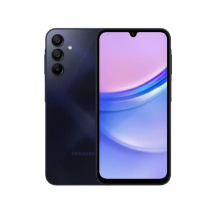 Smartphone Samsung Galaxy A15 4G, azul-escuro, visão frontal com três câmeras traseiras e logo Samsung