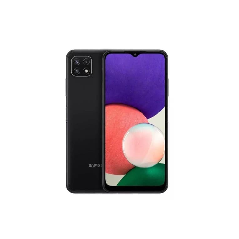 Samsung Galaxy A22 5G, smartphone preto com tela de bolhas coloridas, fundo branco