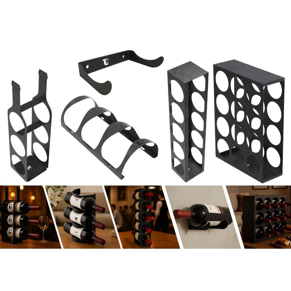 Suportes de parede e mesa para vinho em preto, com garrafas de vinho para ilustração.