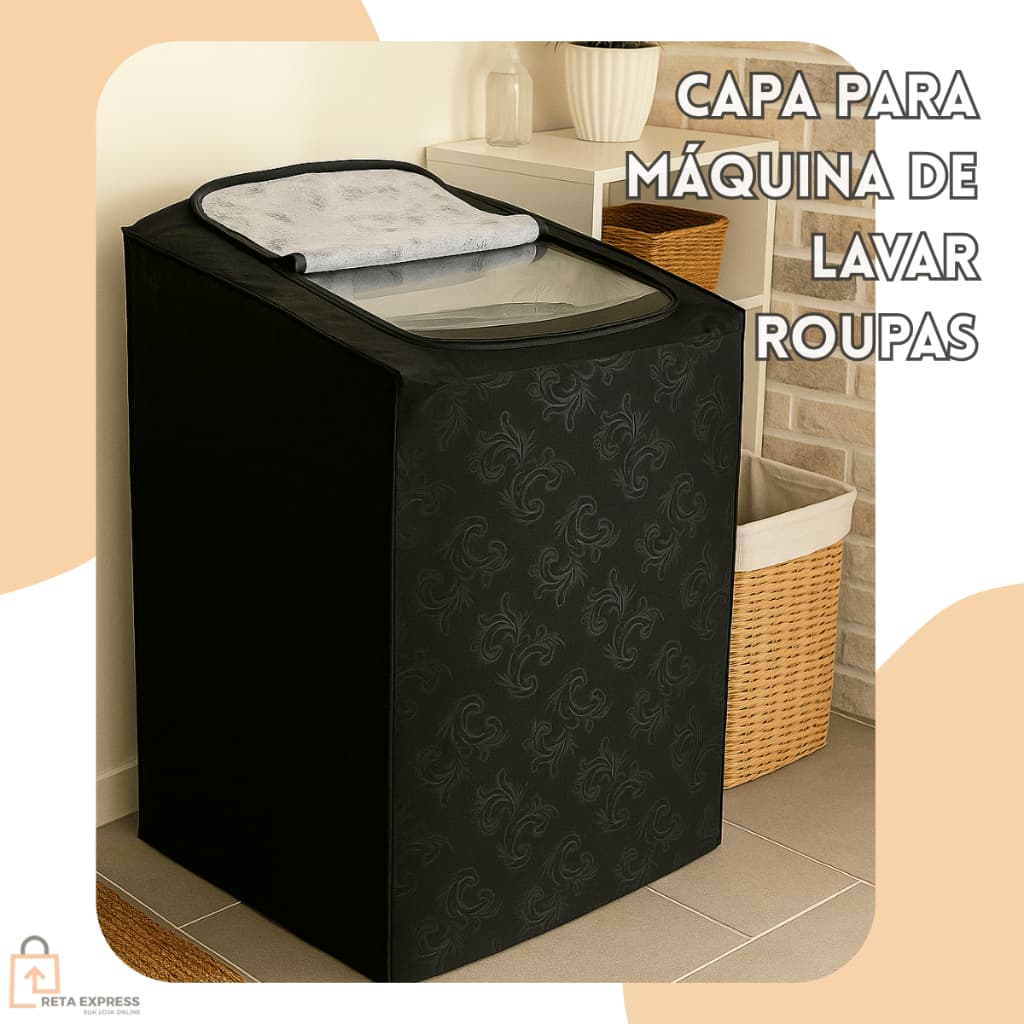 Capa preta impermeável para máquina de lavar roupas com zíper reforçado, 12kg a 15kg.