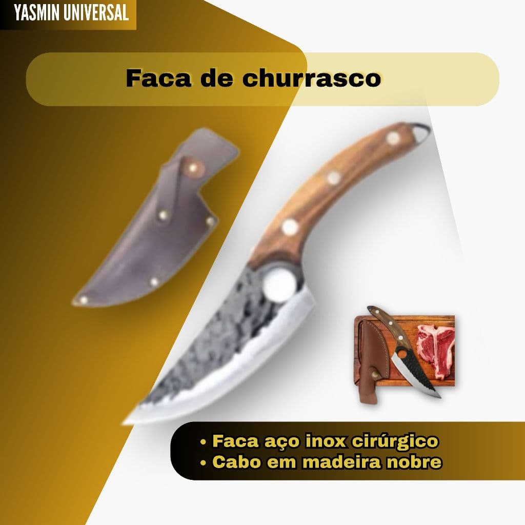 Faca de churrasco profissional com cabo de madeira e bainha de couro, aço inoxidável, detalhes em preto e marrom.