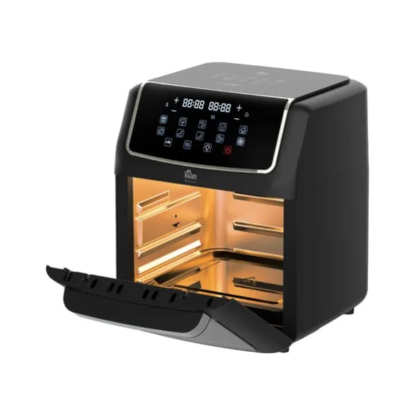 Fritadeira elétrica e forno de ar de 12 litros com painel digital, cor preta, porta aberta