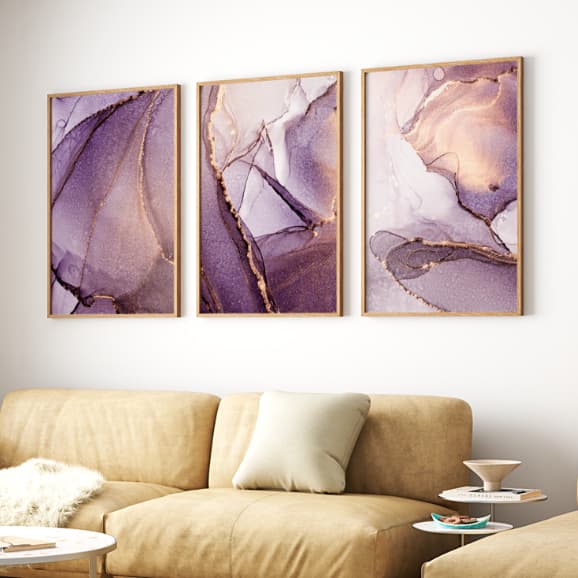 Kit 3 Quadros Decorativos Roxo e Dourado 60x40 para Sala Quarto Hall Corredor