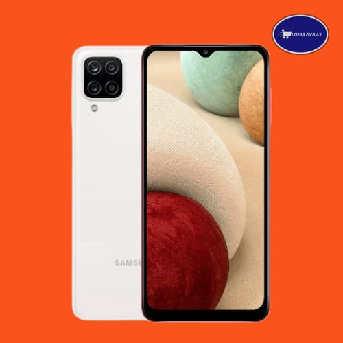 Samsung Galaxy A12 64GB 4 RAM - Smartphone branco com câmera quádrupla e logotipo Samsung