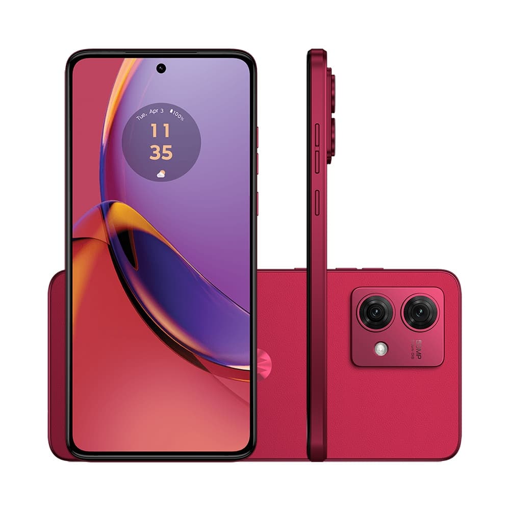 Motorola Moto G84 5G, cor rosa, mostrando frente e verso com câmera quadrupla